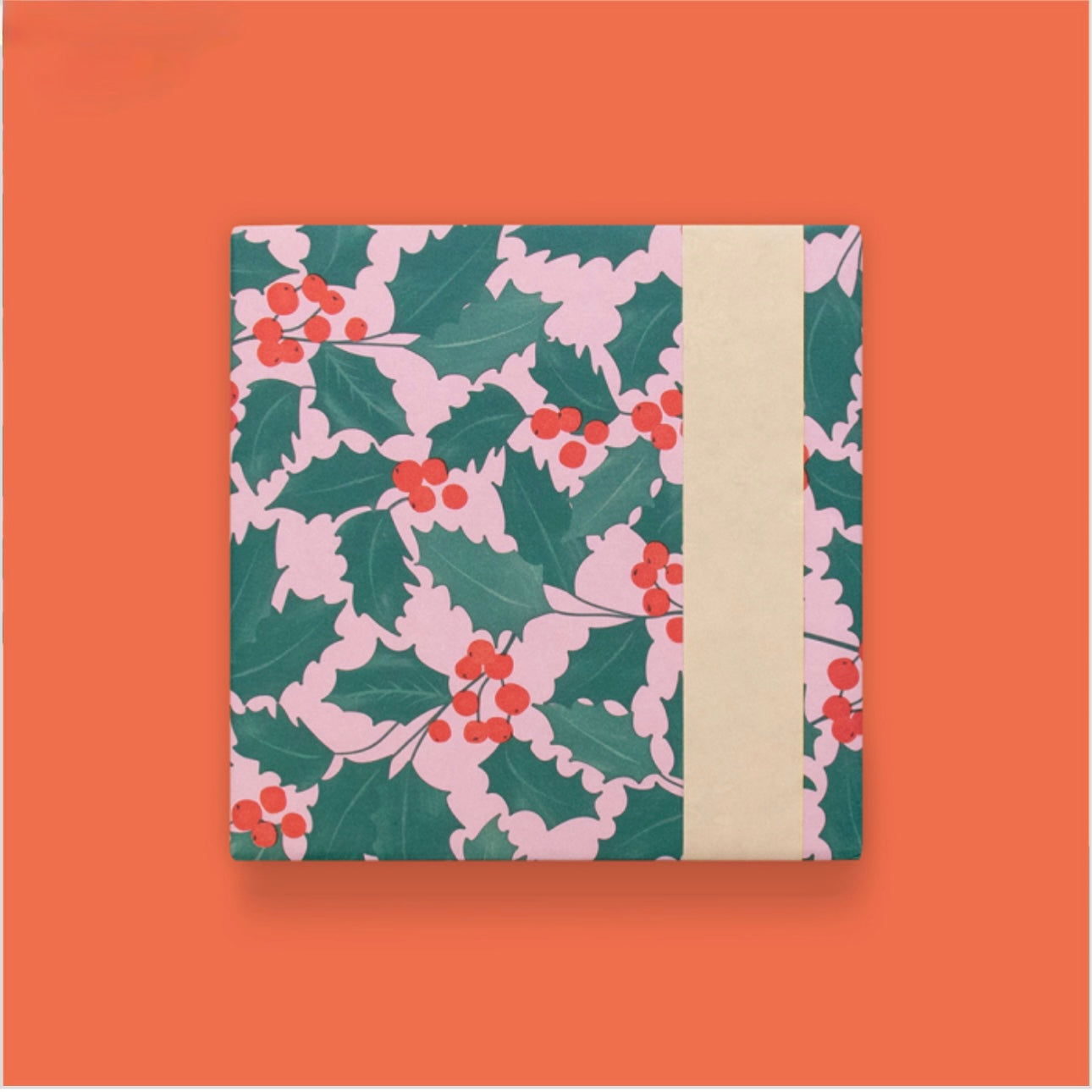 Kerst Inpakpapier Hulst – Roze, Groen & Beige | 70 cm x 3 m