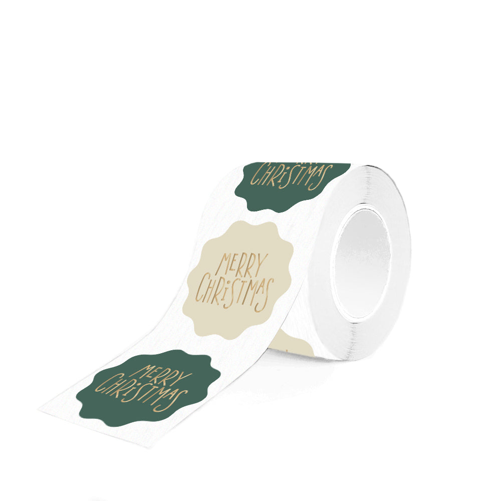 Kerststickers Merry Christmas Goud – Groen & Biscuit | Ø 55 mm