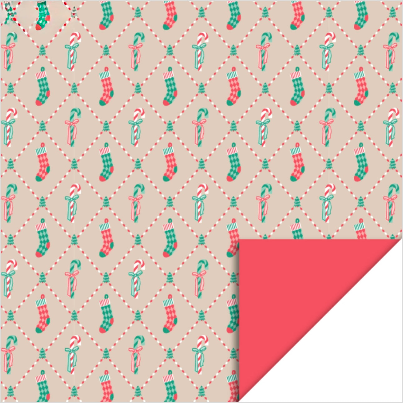 Kerst Inpakpapier Patchwork Candy – Beige, Groen & Rood | 70 cm x 3 m