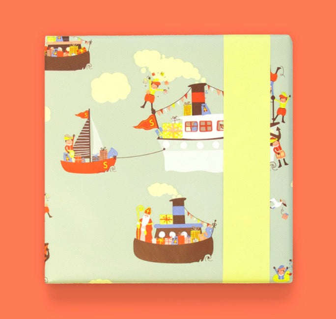 Sinterklaas Inpakpapier Pakjesboot – Sage Groen & Geel | 70 cm x 3 m
