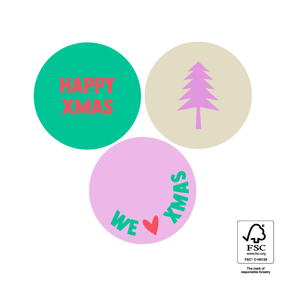 Kerststickers Happy Xmas – Multi | Ø 35 mm