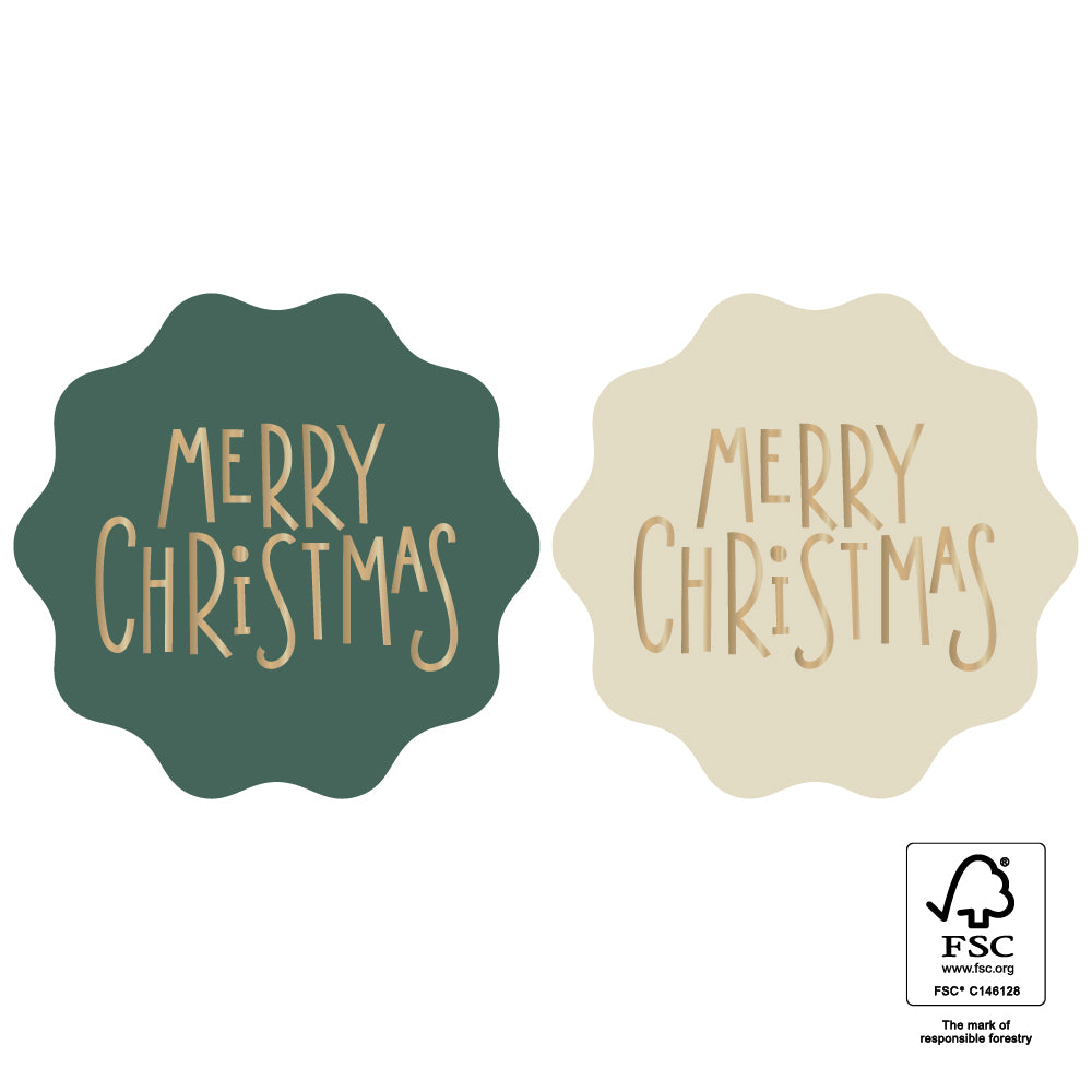 Kerststickers Merry Christmas Goud – Groen & Biscuit | Ø 55 mm