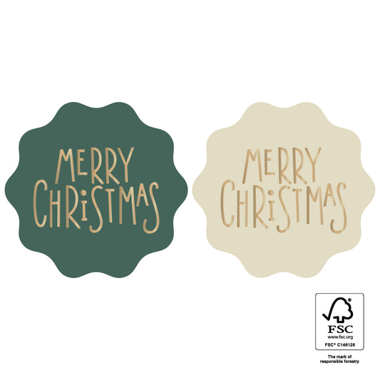 Kerststickers Merry Christmas Goud – Groen & Biscuit | Ø 55 mm