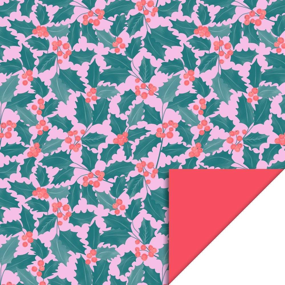 Kerst Inpakpapier Hulst – Roze, Groen & Beige | 70 cm x 3 m