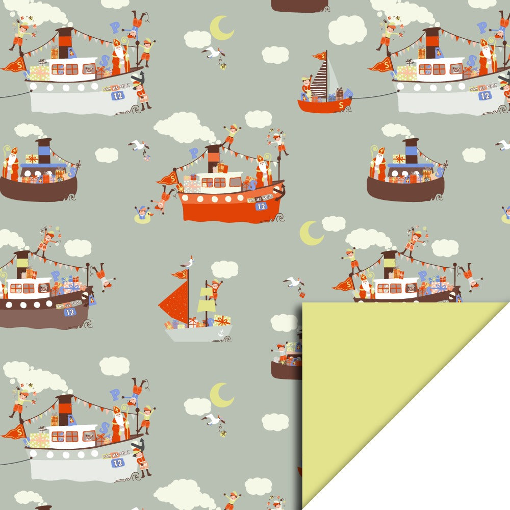 Sinterklaas Inpakpapier Pakjesboot – Sage Groen & Geel | 70 cm x 3 m